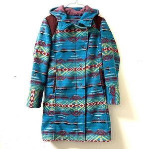 Amina Wool Coat Blue Aztec Boho Western Print Hooded Knee Length Size S